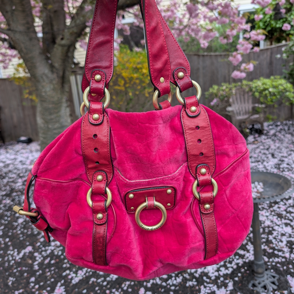 Juicy Couture Bright Pink Suede Shoulder Bag with Brass Ring Hardware
